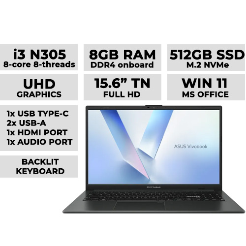 ASUS VIVOBOOK GO 15 E1504GA NJ651WSM (Black) Laptop 15.6" FHD | Core i3 N305 | 8GB DDR4 | 512GB NVMe | UHD Graphics